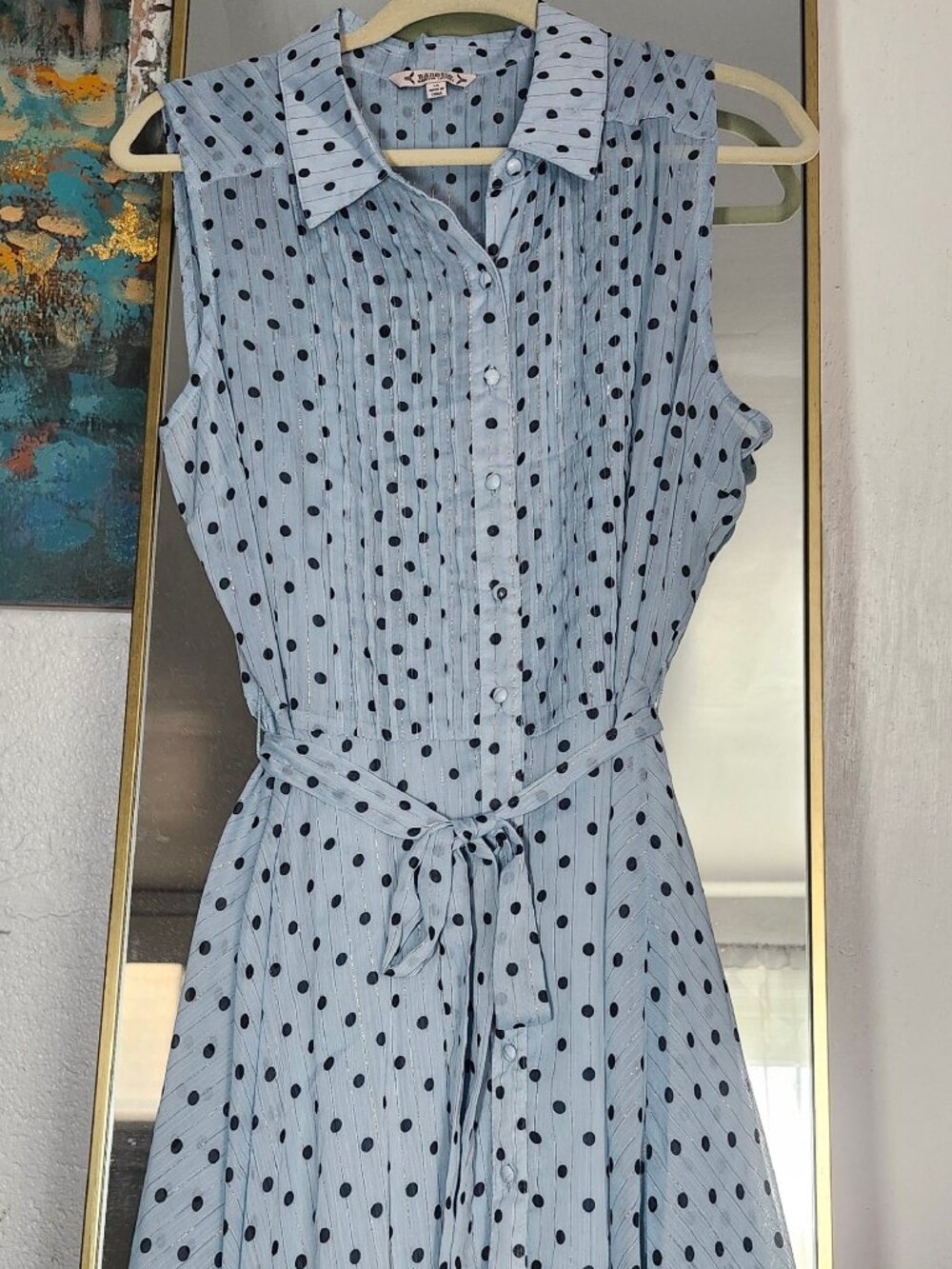 Light blue sleeveless pintuck polka dot dress - Picture 3 of 9